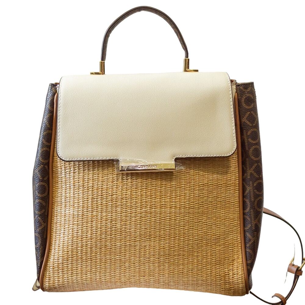 CALVIN KLEIN Nolan Top Handle Backpack Rattan Canvas Brown Signature Bag NWOT